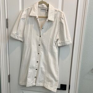 White Button-Front Short Sleeve Denim Dress